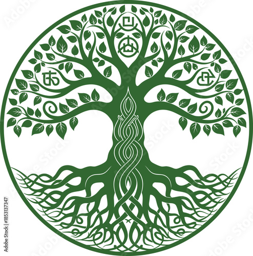 Green Celtic Tree of Life Vector - Ornate Yggdrasil Silhouette with Roots and Leaves