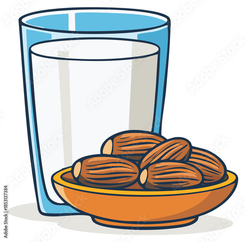 Glass of Almond Milk and Bowl of Almonds Illustration