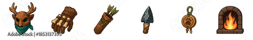 Diverse collection of fantasy adventure game assets includes a wooden mask, bone glove, quiver, stone dagger, paw print medallion, and a cozy fireplace.