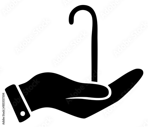 Black silhouette of a human hand presenting a walking stick for support and mobility aid