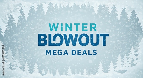 Winter blowout mega deals promotion with snowy forest backdrop design
