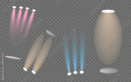 Creative vector illustration of bright lighting spotlights set, light sources isolated on transparent background. Art design beam for concert, scene illumination. Abstract concept graphic element