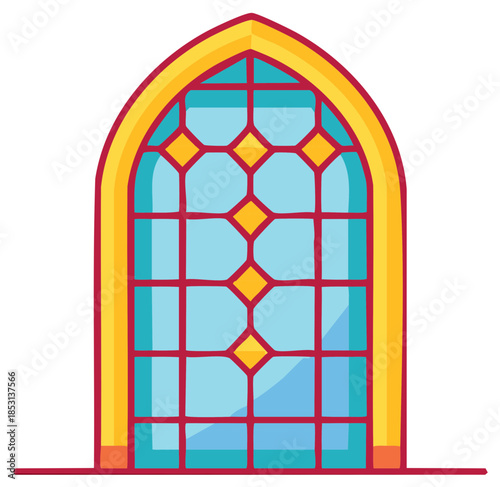 Gothic arched window with stained glass pattern featuring geometric shapes and blue glass panes