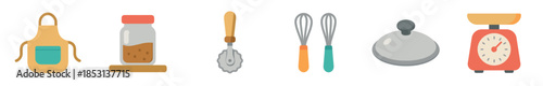 Various kitchen and baking tools for cooking and preparing food, including an apron, spice shaker, pizza cutter, whisks, food cover, and scale, presented in a clean, flat vector illustration.