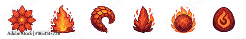 Fiery game elements collection featuring various magical fire, lava, and heat-themed assets for fantasy video games and digital projects.