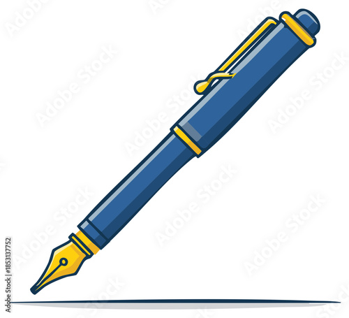 Classic blue fountain pen with gold nib drawing a line vector illustration