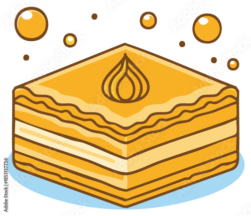 Delicious Baklava Piece with Honey Bubbles, Middle Eastern Dessert Icon Graphic