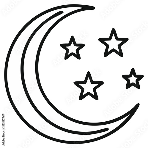 Simple black outline illustration of a crescent moon and stars for a celestial night sky concept