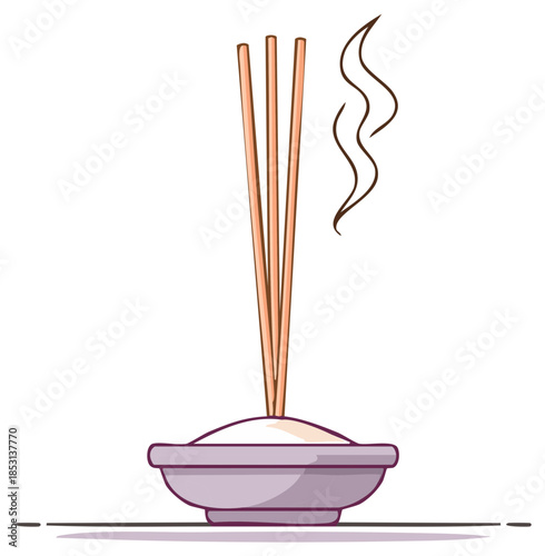 Minimalist illustration of burning incense sticks in a censer for spiritual ritual or aromatherapy