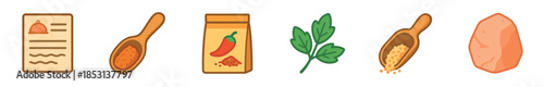 Cooking ingredients spices herbs and recipe elements collection featuring various culinary items for meal preparation and flavor enhancement.