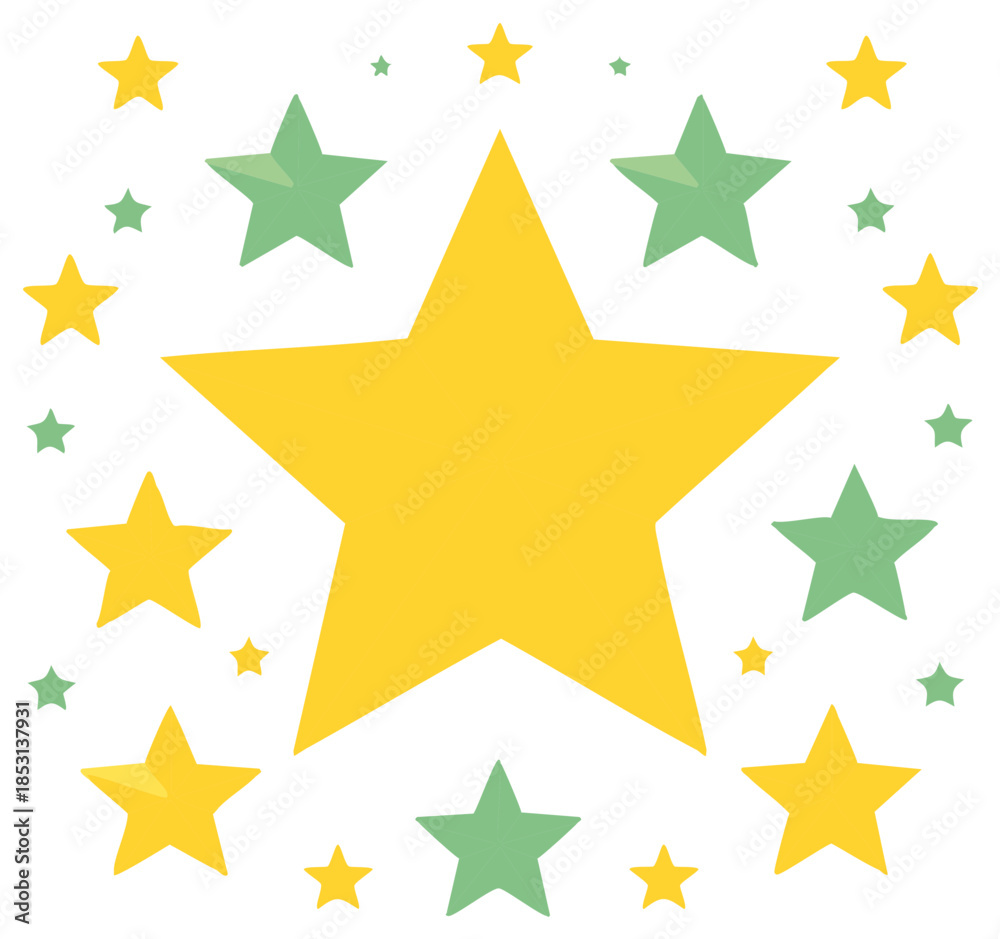 Obraz premium Large yellow star surrounded by smaller green and yellow stars in a festive circular pattern