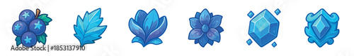 Blue fantasy game assets collection featuring various magical elements like berries, leaves, flowers, and glowing crystals, perfect for digital projects.