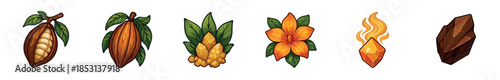Various game resource icons featuring cacao pods, magical crystals, a vibrant flower, and a rugged ore rock for fantasy world building.