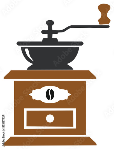 Manual coffee grinder illustration in shades of brown and black. Vector.
