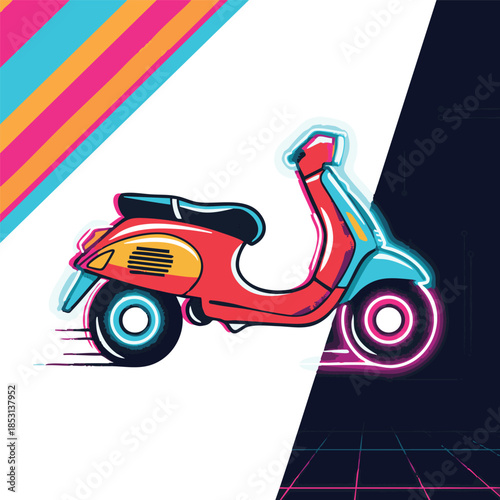 Colorful retro scooter illustration in neon synthwave style. Modern Vespa-inspired motorbike artwork with vibrant colors, glowing accents, and futuristic background, ideal for posters, branding, and d