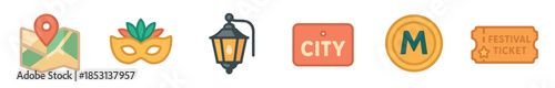 Collection of flat design icons representing travel, city exploration, and cultural events, including a map, carnival mask, street lamp, city sign, metro token, and festival ticket.