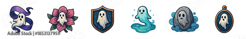 Ghosts are depicted in various cute and spooky cartoon styles, perfect for Halloween designs, mystical themes, and fantasy game assets.