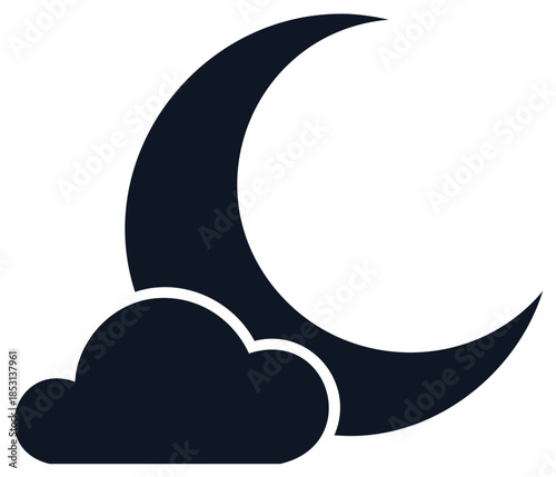 Crescent moon partially covered by a fluffy cloud silhouette against white