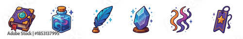Various magical fantasy game items including a spellbook, potion, quill, crystal, and mystical elements, perfect for digital assets or creative projects.