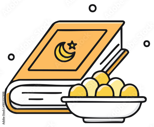 Holy Quran book and a bowl of traditional sweets for Ramadan Iftar or Eid celebration illustration