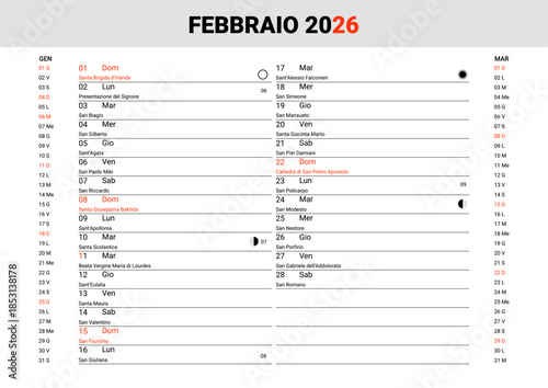 Italian Saints Calendar Page February 2026