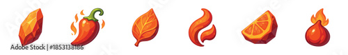 Collection of vibrant fire and heat themed game icons, including a chili pepper, crystal, leaf, and flame elements, rendered in a stylized cartoon vector art style.