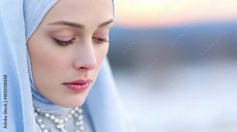 Fototapeta premium Woman in blue headscarf looks down at sunset in winter landscape with snow