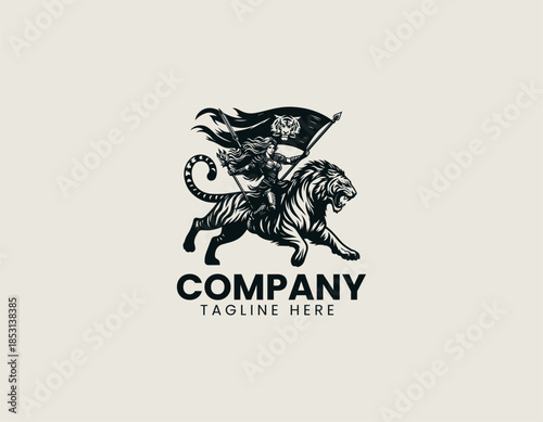 Warrior lady rides a fierce tiger while carrying a bold war flag in a black vector logo illustration