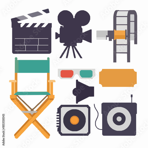 Cinematography flat vector illustration set with filmmaking icons camera clapper film strip and cinema accessories