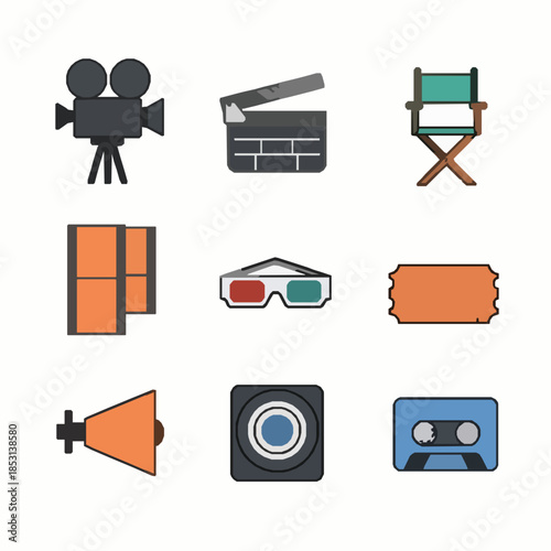 Minimal cinema icon vector set featuring movie production equipment and filmmaking symbols