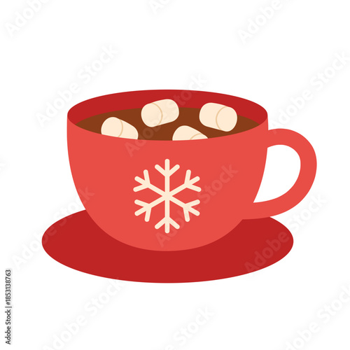 Cozy cup with marshmallows illustration. For winter, Christmas designs, holiday decor, greeting cards, packaging, stickers, social media, branding, seasonal visuals. Flat vector. Hand drawn. Isolated.
