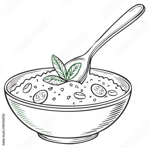 Hand drawn bowl of porridge with spoon and green mint leaves serving a delicious breakfast illustration