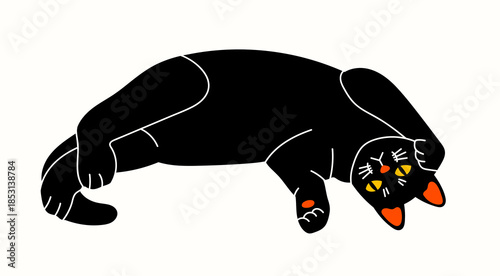 Black playful Cat lying on side. Cozy, comfortable position. Funny cute character. Hand drawn trendy Vector illustration. T-shirt print, poster, sticker, card, logo design template