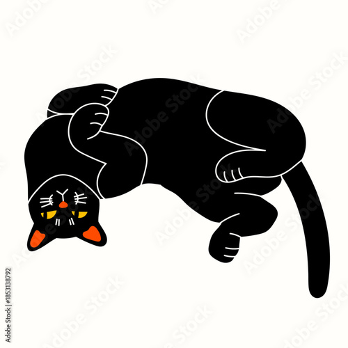 Black playful Cat lying on side. Cozy, comfortable position. Funny cute character. Hand drawn trendy Vector illustration. T-shirt print, poster, sticker, card, logo design template
