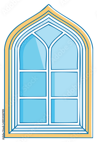 Stylized pointed arch window with light blue glass and a decorative yellow frame