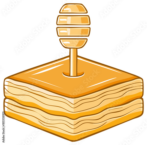 Baklava dessert with honey dipper illustration, vector icon, flat design, isolated on white background.