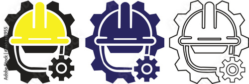 Colorful Hard Hat and Gear Icon Set - Yellow, Black, and Blue Construction Safety Helmet with Gear for Worksite Protection