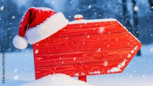 Red sign with santa hat covered in snow