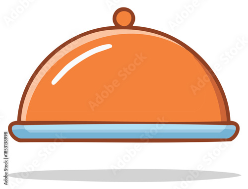 Bright orange food serving cloche illustration. Simple graphic of a restaurant dining dome with blue base.