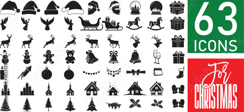 Christmas Silhouette Icon Set with 63 Holiday and Winter Vector Icons