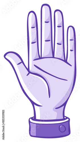 Vibrant purple cartoon hand showing open palm gesture for halt or welcome sign