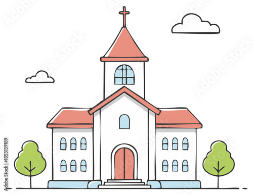 Simple hand-drawn illustration of a Christian church building with a cross and steeple