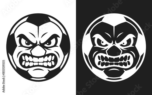 Angry monster face illustration based on a football ball design, representing aggression, rage, intimidation, and strong emotional expression.