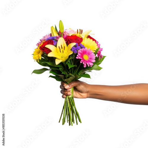 Hand holding colorful bouquet isolated on transparent background