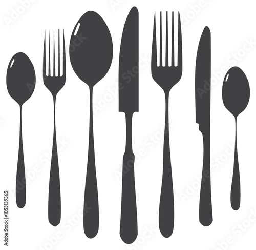 Elegant kitchenware cutlery set with spoons forks knives silhouettes