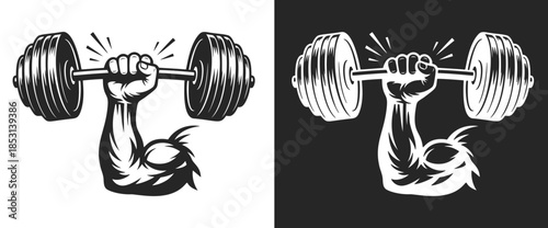 Arm lifting barbell illustration representing weight training, strength power, fitness workout, and gym performance.