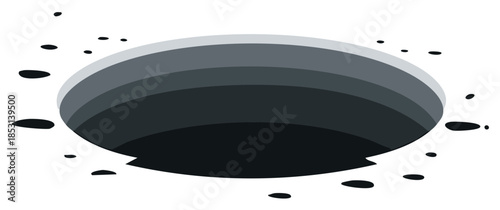 Deep round hole illustration with surrounding debris in a cartoon flat style isolated on white space for seamless pattern