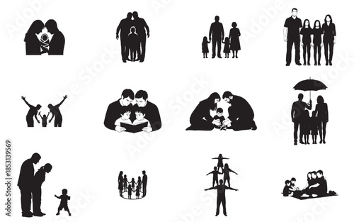 Collection of people silhouettes isolated on transparent background showing various relationships and activities