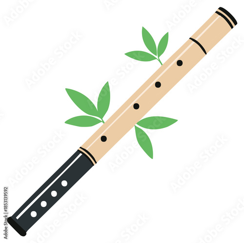 Traditional Asian Bamboo Flute with Green Leaves Musical Instrument Vector Illustration