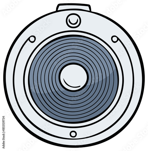 Stylized cartoon drawing of a round smart home assistant speaker or security device